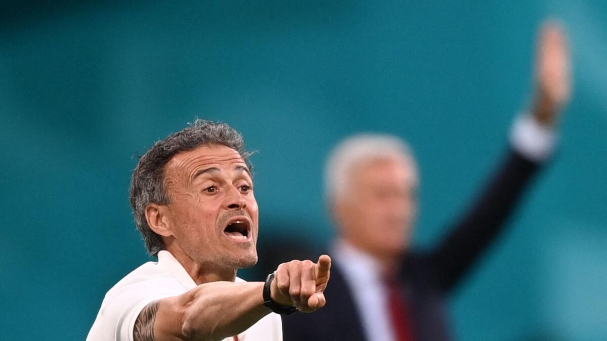 Spain coach Luis Enrique reacts during the Euro 2020 quarterfinal match between Switzerland and Spain. (AFP)