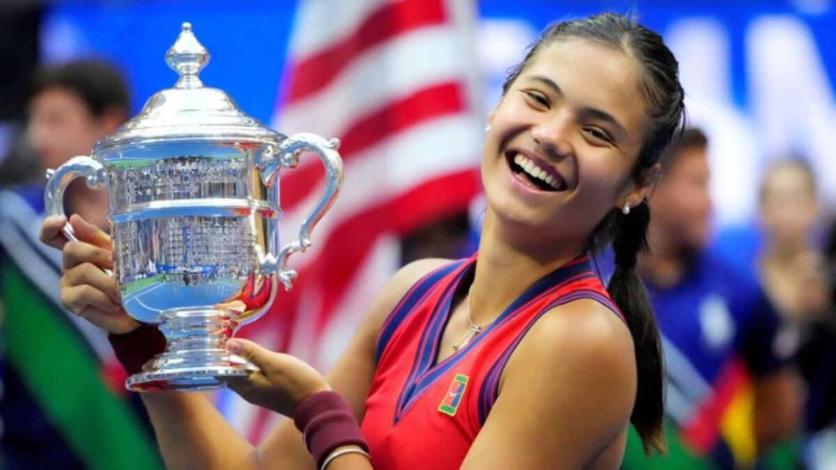 Emma Raducanu of Great Britain celebrates after winning the US Open. (Reuters)
