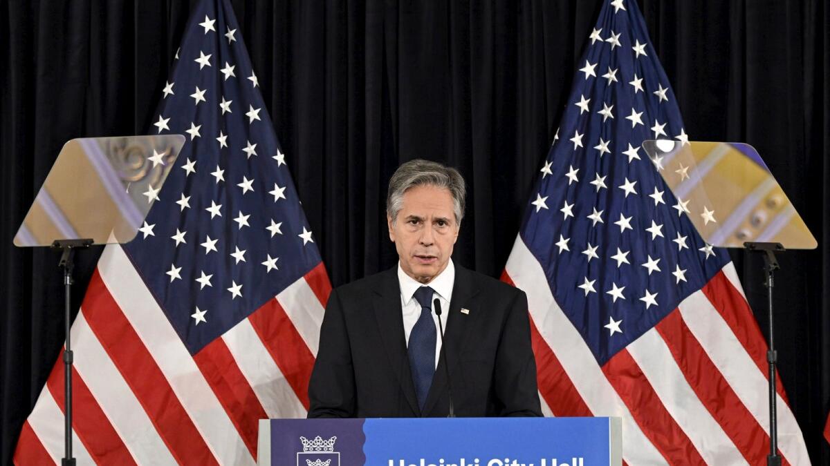 US Secretary of State Antony Blinken delivers his speech at the Helsinki City Hall, Finland, on Friday. -- AP