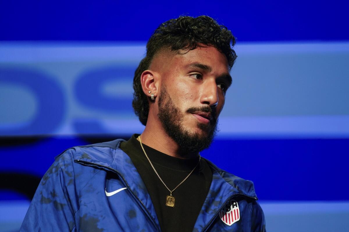 United States football player Jesús Ferreira, watches on Wednesday, November 9, 2022, in New York, as the team's roster for the upcoming World Cup in Qatar is announced.