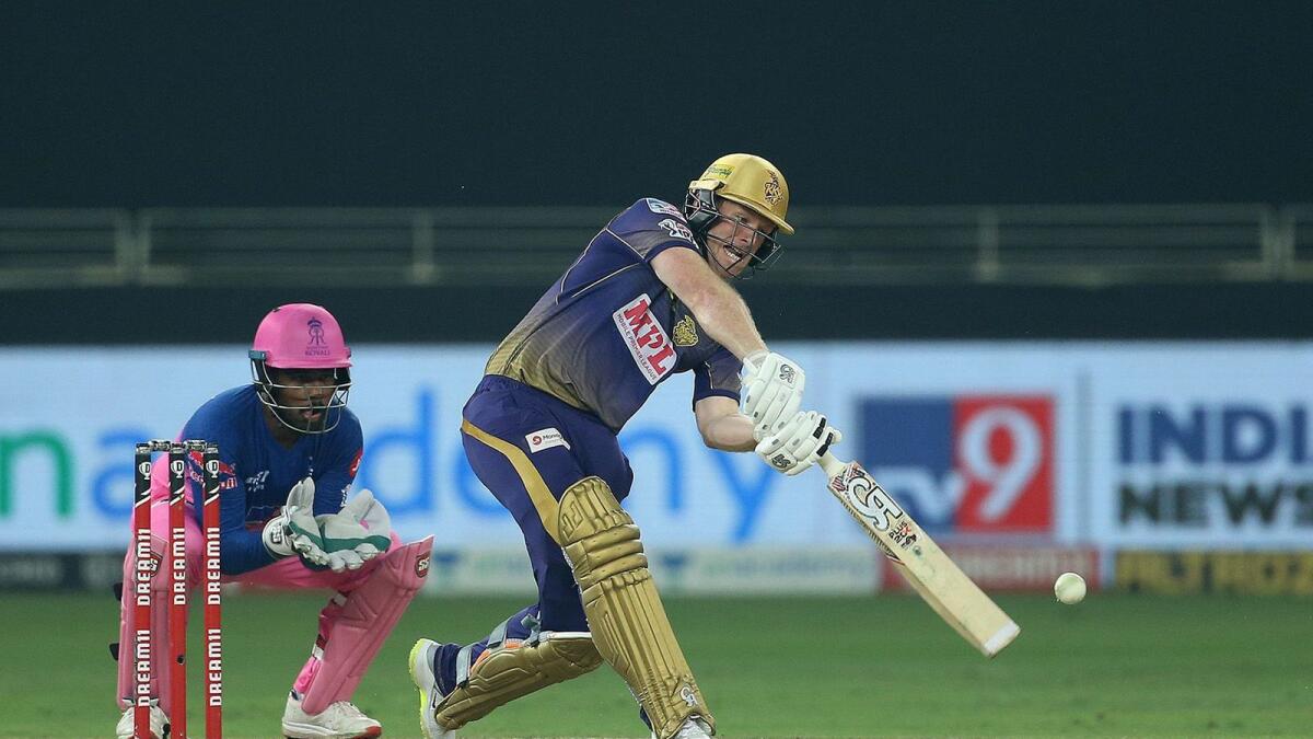 Eoin Morgan plays a shot during during the IPL match against  Rajasthan Royals. — IPL