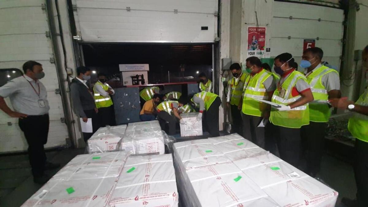Officials make a final check as India exports 150,000 doses of Covishield vaccine to Bhutan. — Courtesy: Twitter