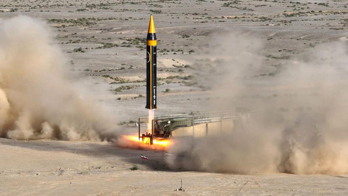 A new surface-to-surface 4th generation Khorramshahr ballistic missile called Khaibar with a range of 2,000km is launched at an undisclosed location in Iran, in this picture obtained on May 25, 2023. Photo: Reuters