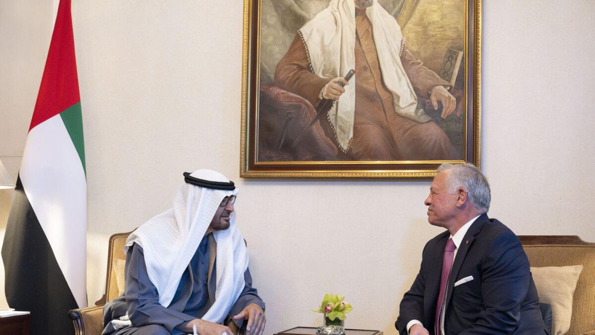 Sheikh Mohamed bin Zayed Al Nahyan and King Abdullah II at Basman Palace in Amman. — Wam