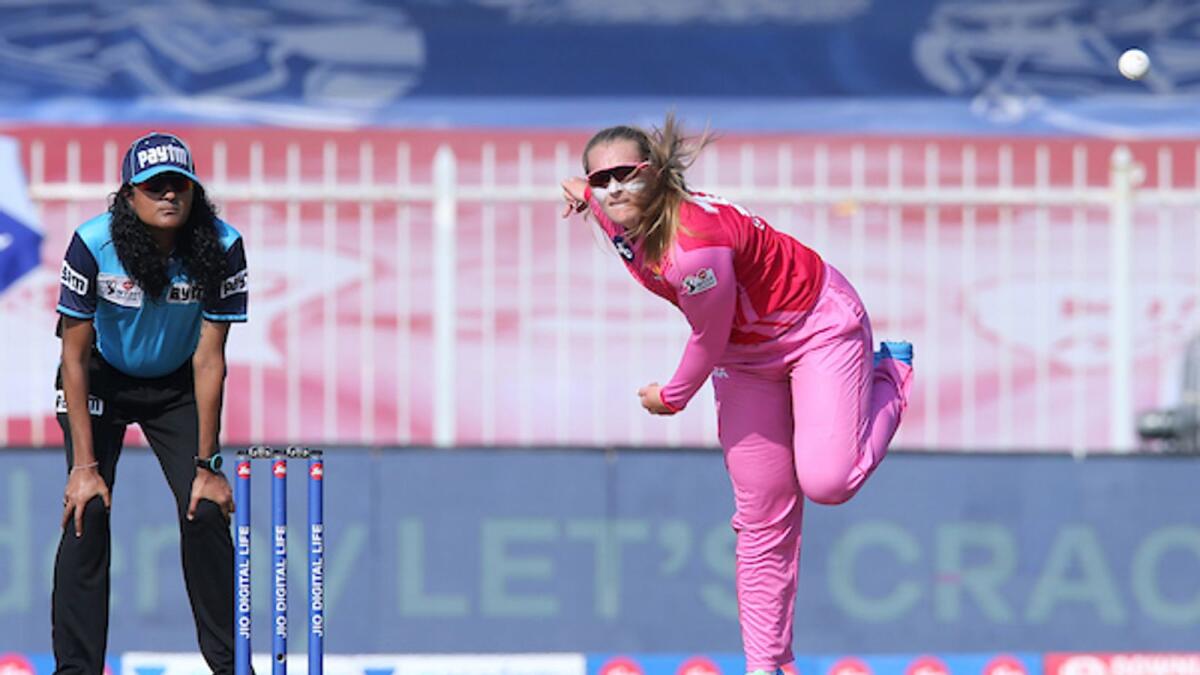 Sophie Ecclestone of Trailblazers bowls against Velocity in Sharjah on Thursday. — BCCI/IPL