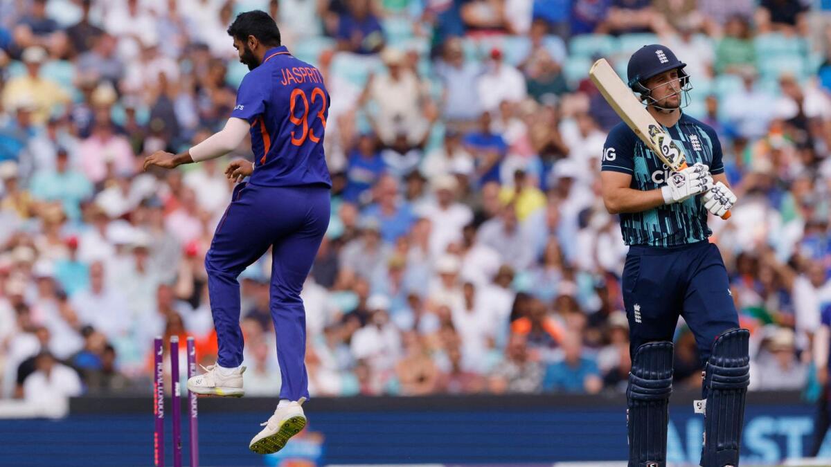 India's Jasprit Bumrah celebrates after taking the wicket of England's Liam Livingstone. (Reuters)