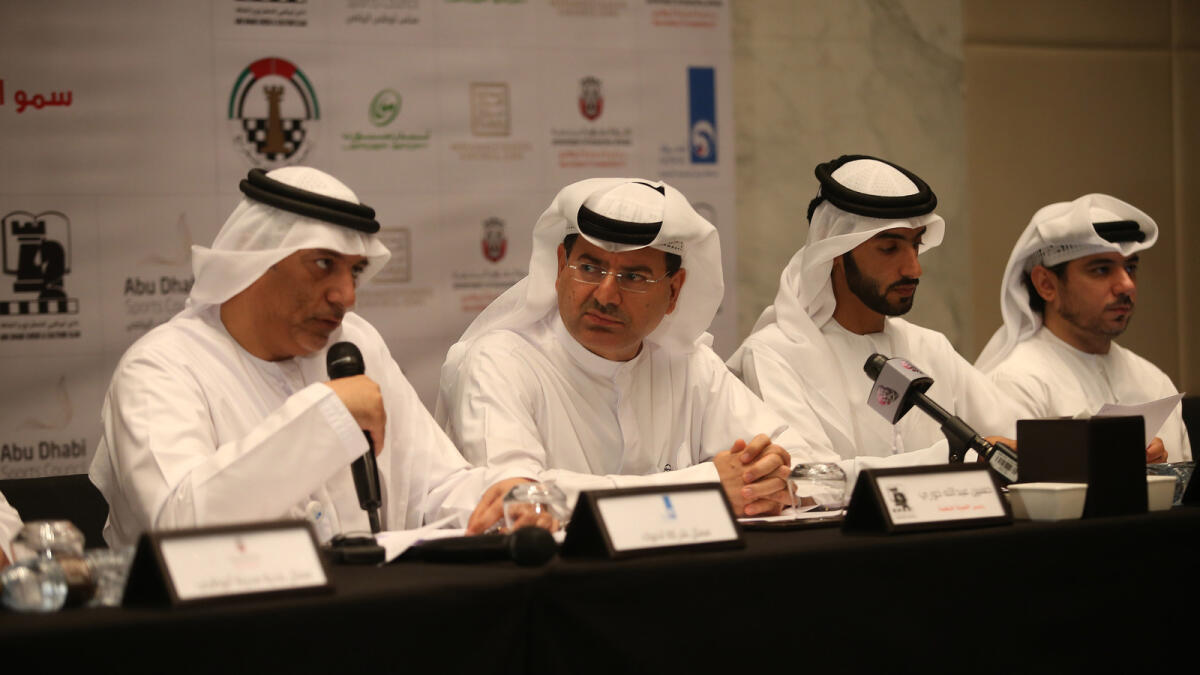 Chairman of the organising committee Hussain Abdulla Khouri (second from left) and tournament director Ismail Ibrahim Al Khouri (extreme right) during the Press conference to announce the 22nd Abu Dhabi International Chess Festival. 