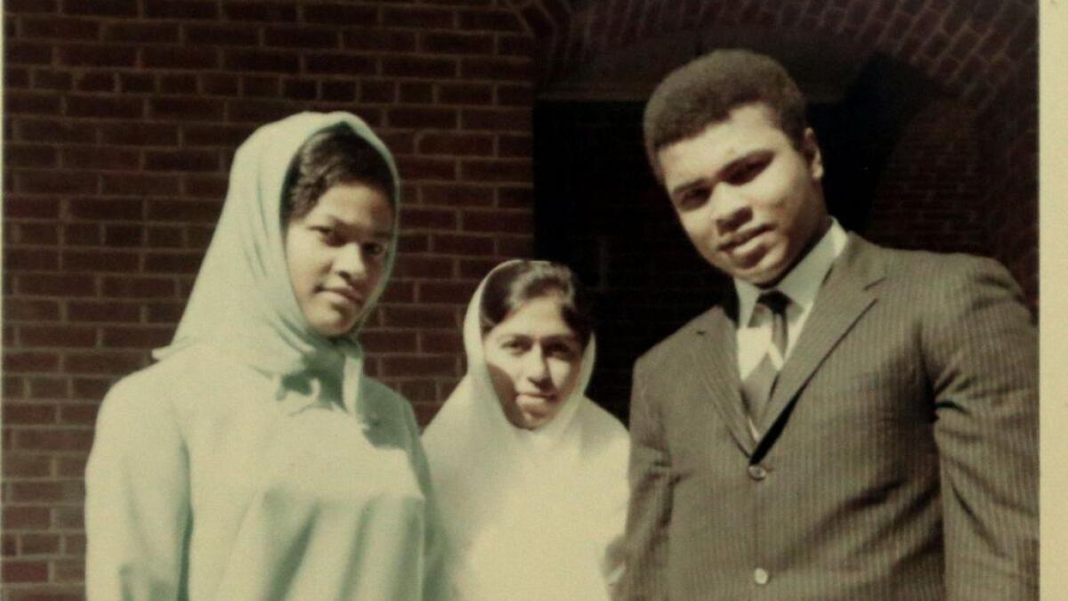 Noorjehan Hassan Zaidi is flanked by Muhammed Ali and his wife Khalilah Camacho-Ali, nee Belinda Boyd.