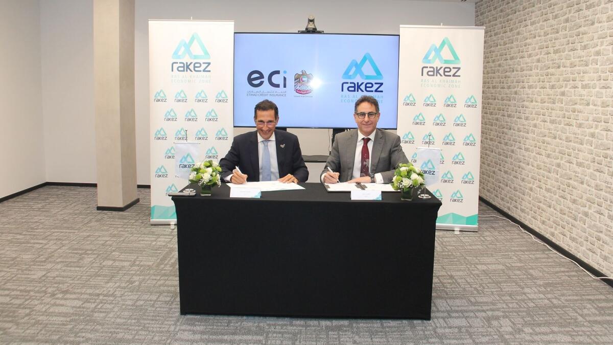 The agreement was signed by Ramy Jallad, Group CEO of Ras Al Khaimah Economic Zone, and Massimo Falconi, CEO of Etihad Credit Insurance. - Supplied photo