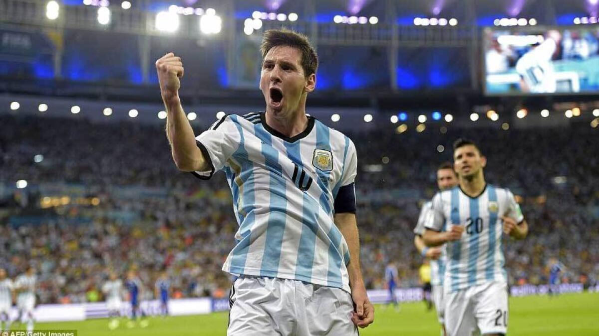 While captaining Argentina at the 2014 World Cup, Messi celebrates scoring against Bosnia and Herzegovina at the Maracana Stadium.