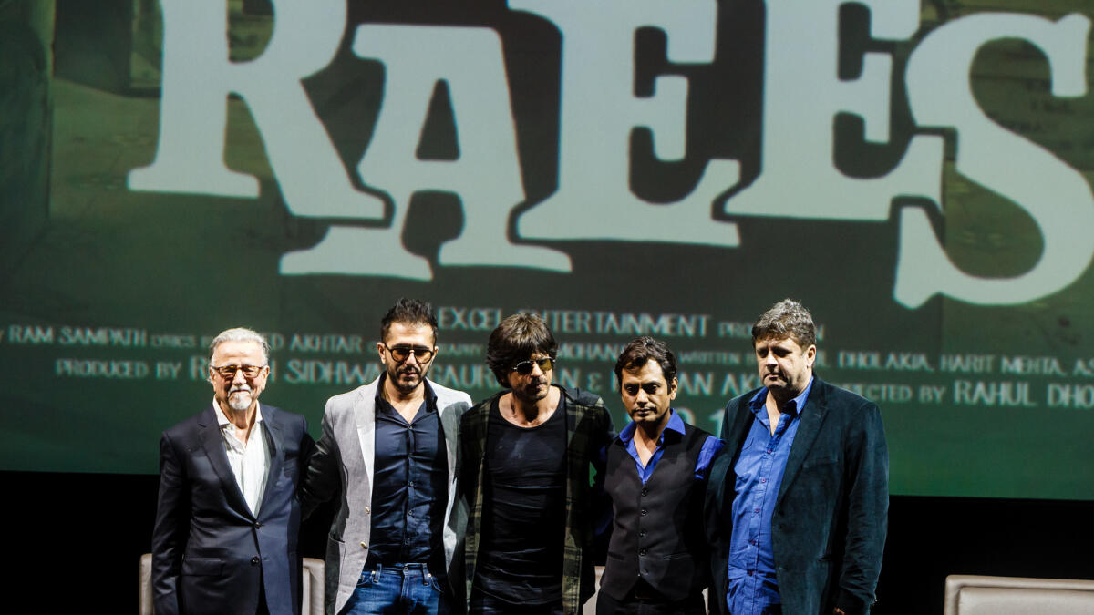 From left: Producer Ritesh Sidhwani, actor Shah Rukh Khan, actor Nawazuddin Siddiqui and director Rahul Dholakia  at a press conference at Bollywood Parks in Dubai. Photo by Neeraj Murali.