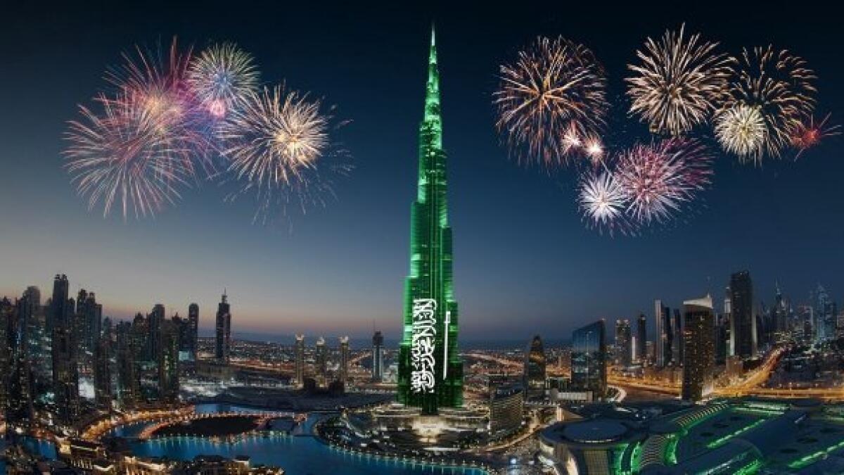 saudi national day, dubai, burj khalifa, dubai fireworks