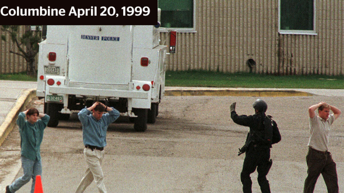 Two heavily armed teenagers go on a rampage at Columbine High School in Littleton, Colorado, shooting 12 students and a teacher to death and wounding more than 20 others before taking their own lives.