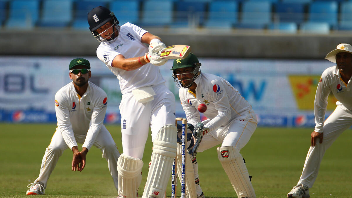 Joe Root of England playing a shot against Pakistan in the second day of 2nd test match at Dubai International Cricket Stadium on Friday. 23 October, 2015. 