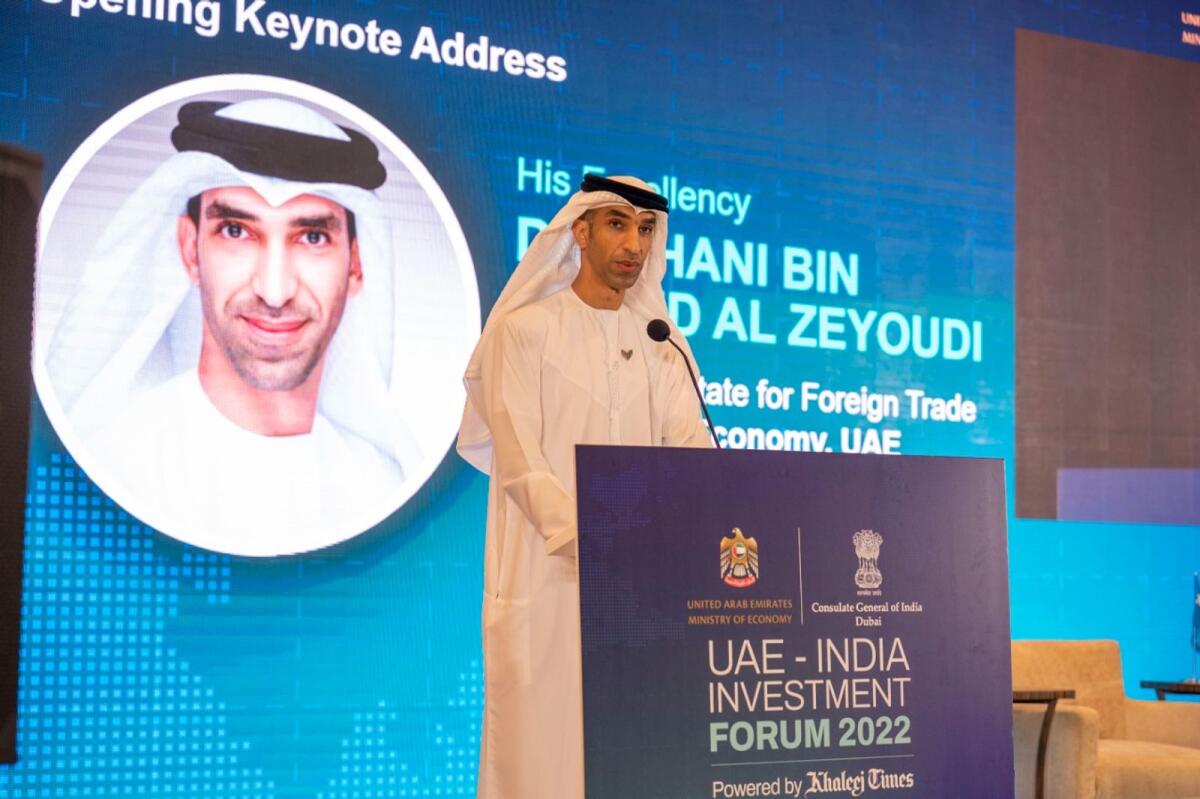 Dr Thani Bin Ahmed Al Zeyoudi, Minister of State for Foreign Trade at the opening Keynote Address in the UAE-India Investment Forum powered by Khaleej Times in Dubai on Tuesday. 15 March 2022. Photo by Shihab