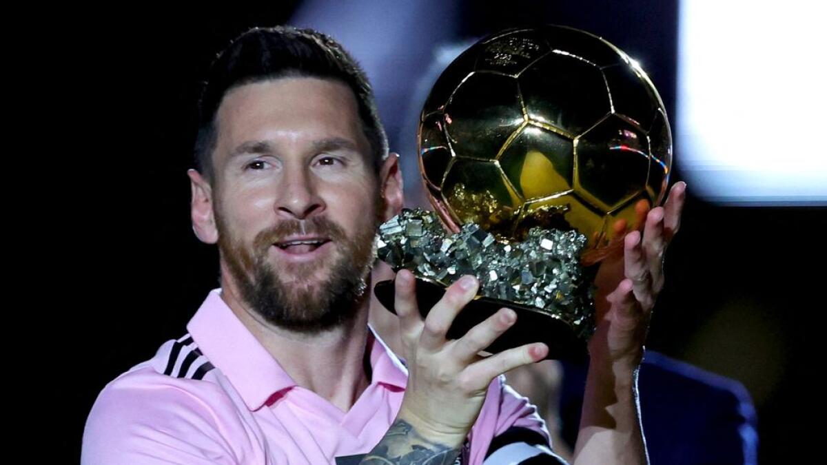 Lionel Messi of Inter Miami CF  during the Ballon d'Or trophy presentation at DRV PNK Stadium in Fort Lauderdale, Florida. - AFP