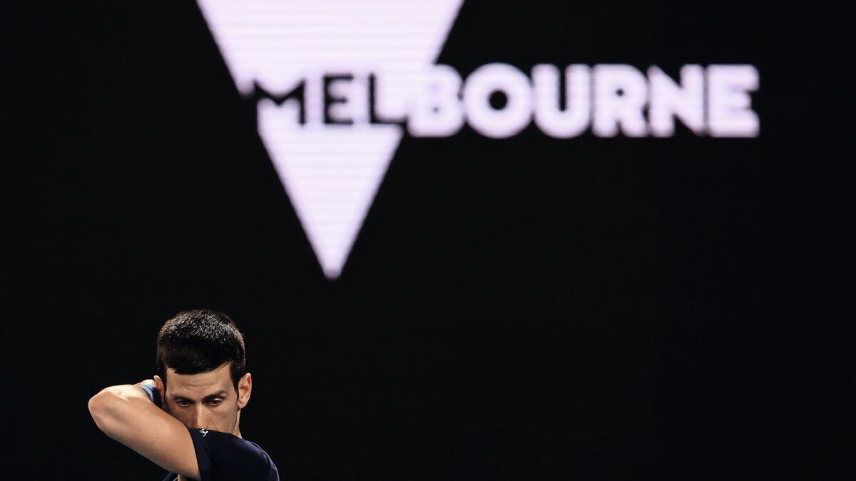 World No.1 Novak Djokovic during a practice session at Melbourne Park on Friday. — AFP