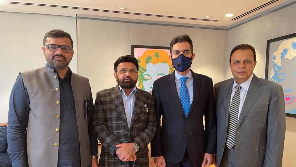 From left: President of the Pakistan Business Council (Dubai) Ahmed Sheikhani; managing director of Champion Neon Shabbir Merchant; State Bank of Pakistan governor Dr Reza Baqir and businessman Imran Chaudhary at the event in Dubai on Tuesday. — KT photo 