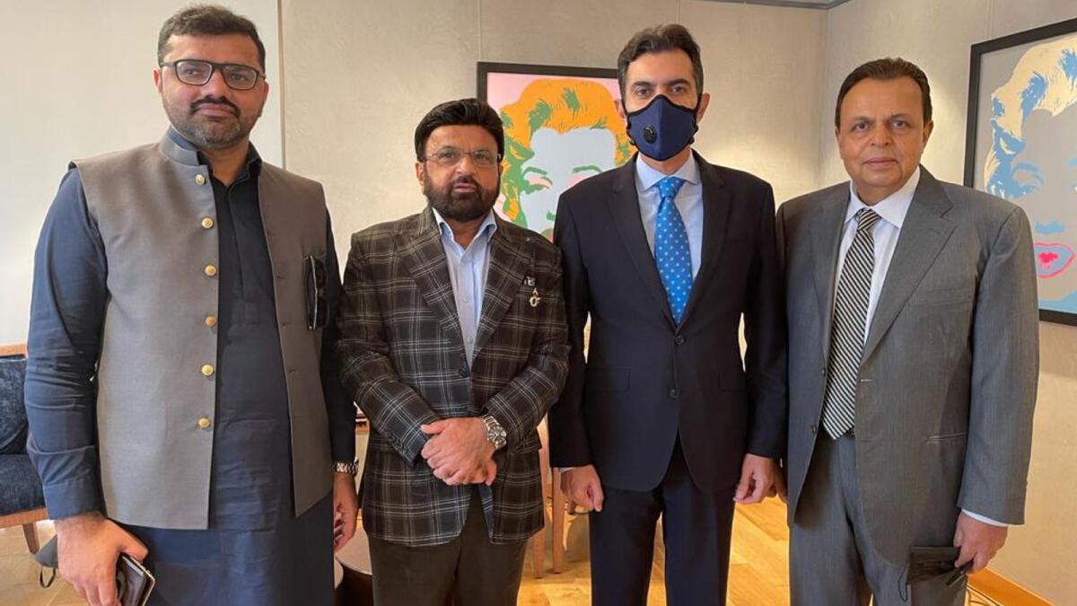 From left: President of the Pakistan Business Council (Dubai) Ahmed Sheikhani; managing director of Champion Neon Shabbir Merchant; State Bank of Pakistan governor Dr Reza Baqir and businessman Imran Chaudhary at the event in Dubai on Tuesday. — KT photo 