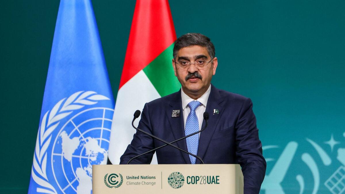Anwar-ul-Haq Kakar speaks during the High-Level Segment for Heads of State and Government session at the UN climate summit in Dubai. - AFP