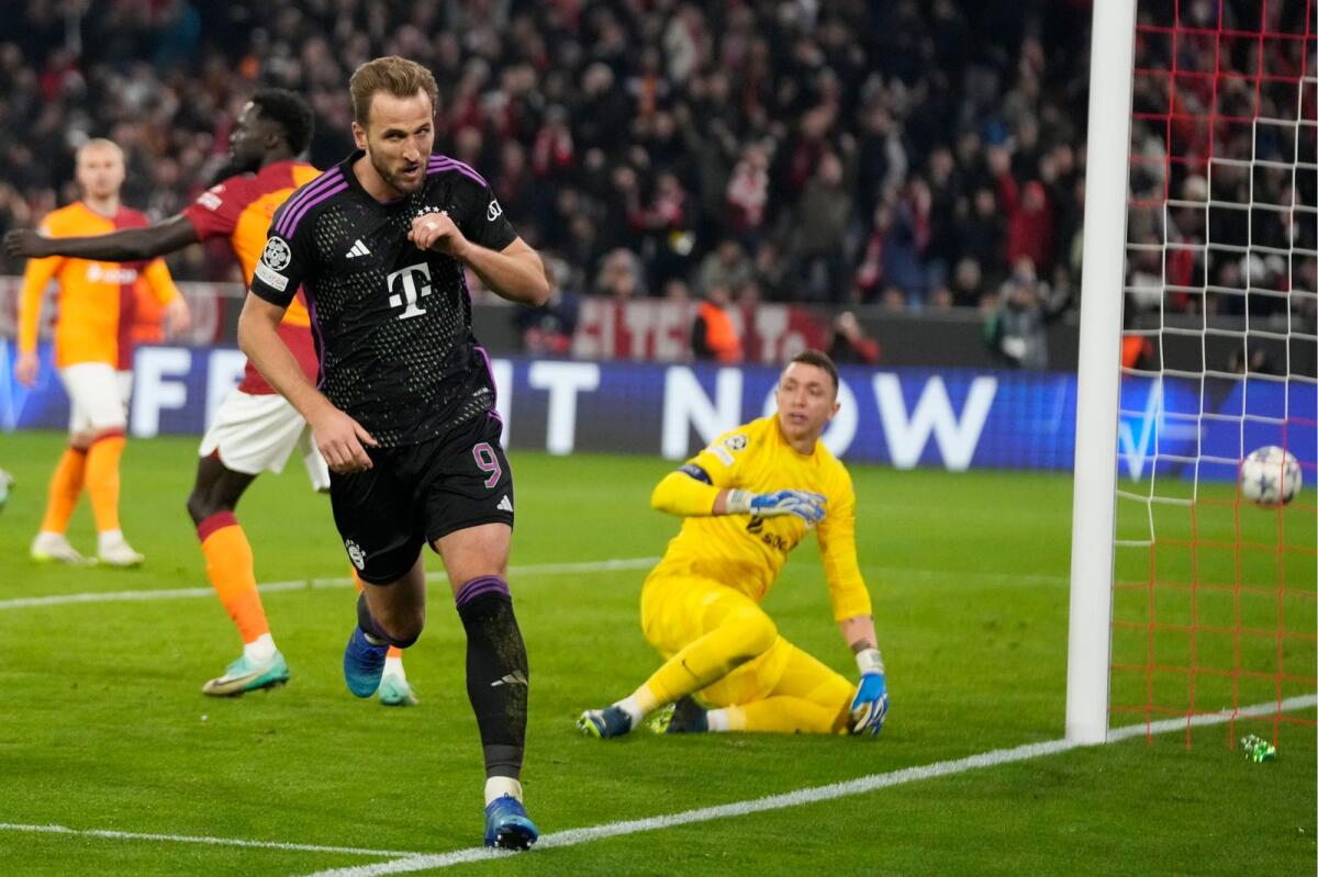 Bayern's Harry Kane celebrates after scoring a goal against Galatasaray. — AP
