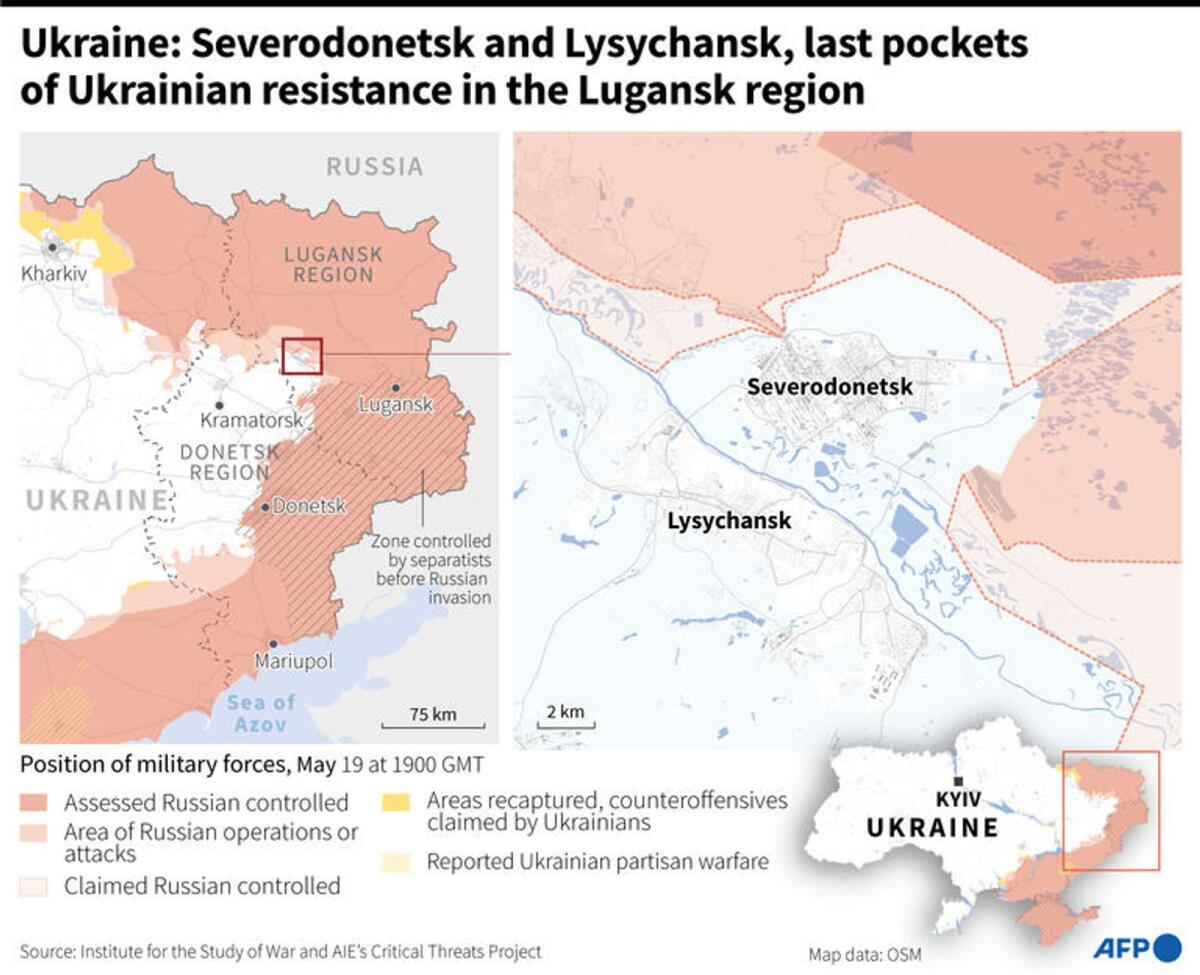 Map of eastern Ukraine with a zoom on the cities of Severodonetsk and Lysychansk, as of May 19 - AFP