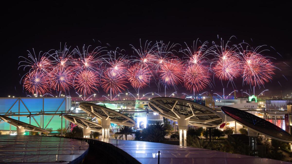 Fireworks at Expo 2020 during the New Year’s Eve celebrations, Expo 2020 Dubai.