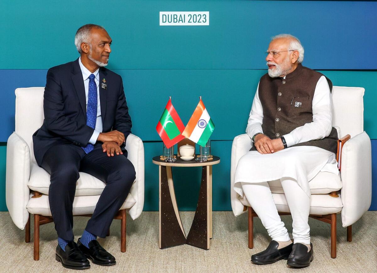 FILE. Indian Prime Minister Narendra Modi in a meeting with President of Maldives Mohamed Muizzu during the COP28, in UAE. Photo: PTI