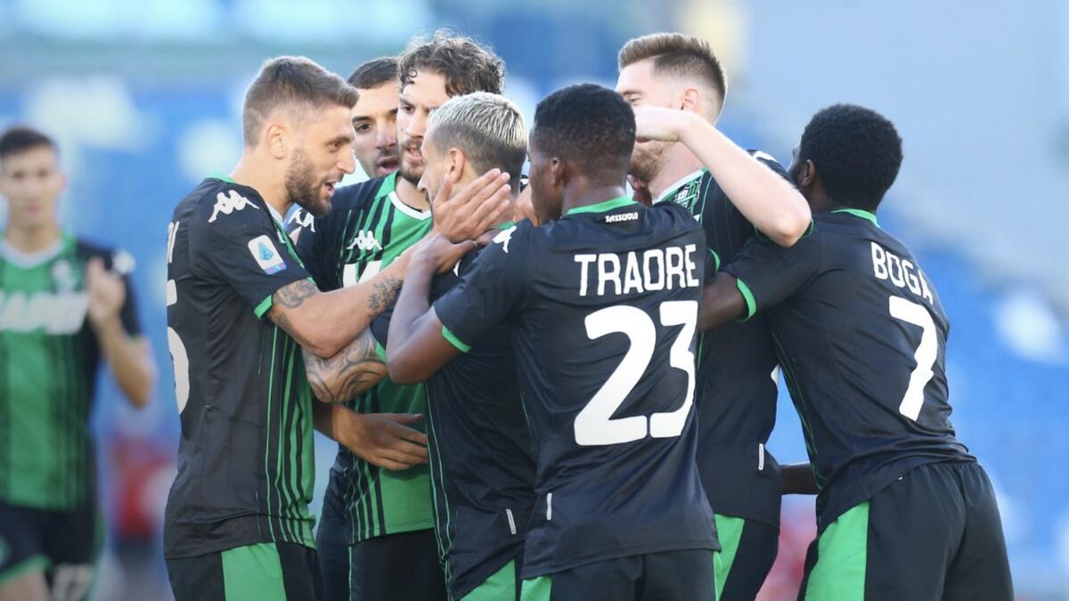 Sassuolo players celebrate after defeating Lecce. - (Sassuolo Twitter)