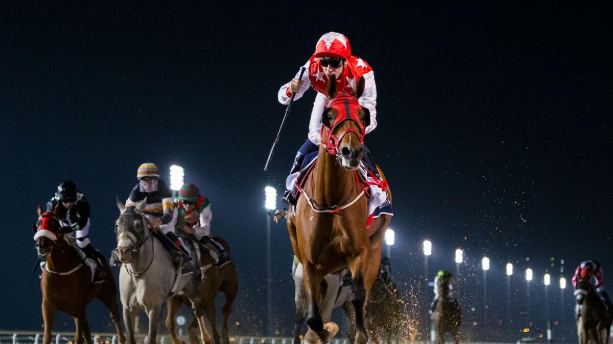 RB Money To Burn during Round 1 of the Al Maktoum Challenge in January this year. — Dubai Racing Club