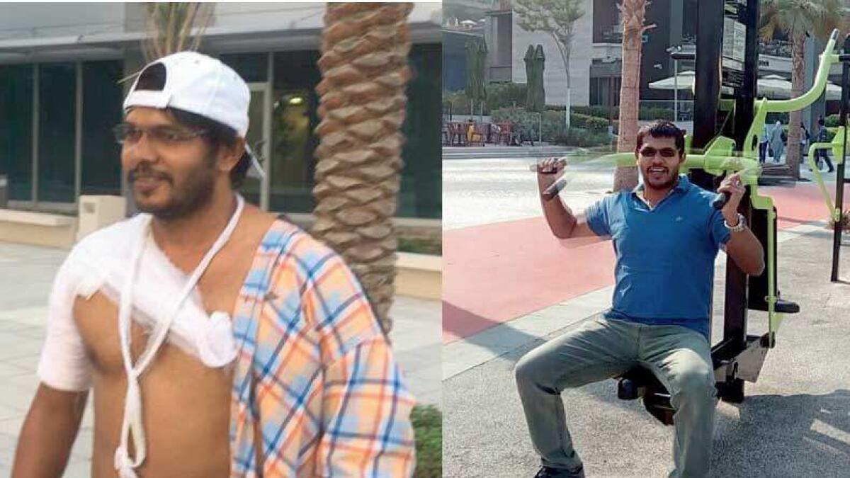 Indian resident Humayoon Kabeer badly injured his shoulder on the very first day of the Dubai Fitness Challenge (left)