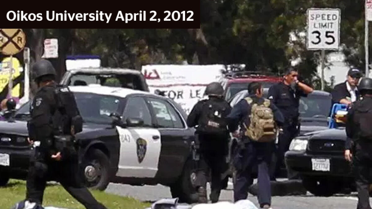 A former student kills seven students at Oikos University, a small Christian school in Oakland, California. The suspect is awaiting trial.