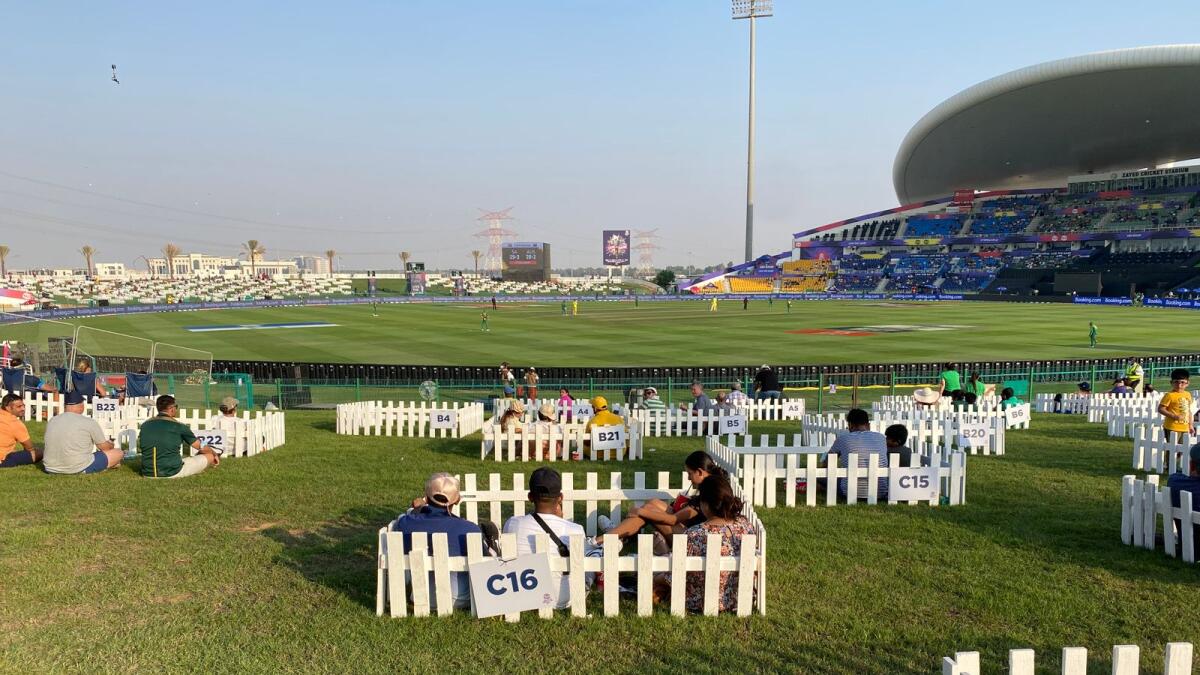 Families enjoying the match between Australia and South Africa from their pods at the Zayed Cricket Stadium in Abu Dhabi. (Supplied photos)