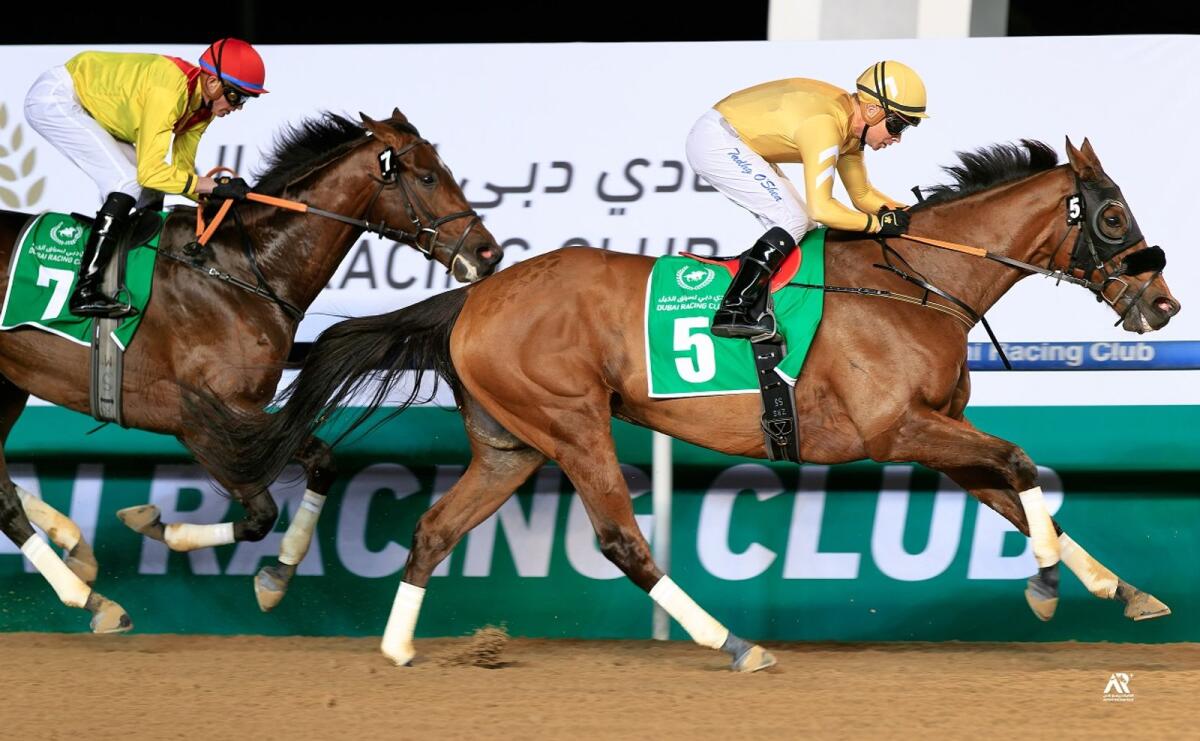 Remorse, the mount of champion jockey Tadhg O'Shea, wins The Entisar, the feature race, at the Meydan Racecourse on Friday. (ERA)