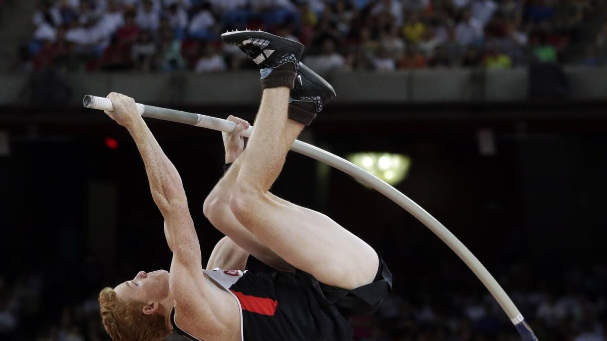 Canada's Shawnacy Barber competes in the men?s pole vault final at the World Athletics Championships at the Bird's Nest stadium in Beijing, on Aug. 24, 2015. 