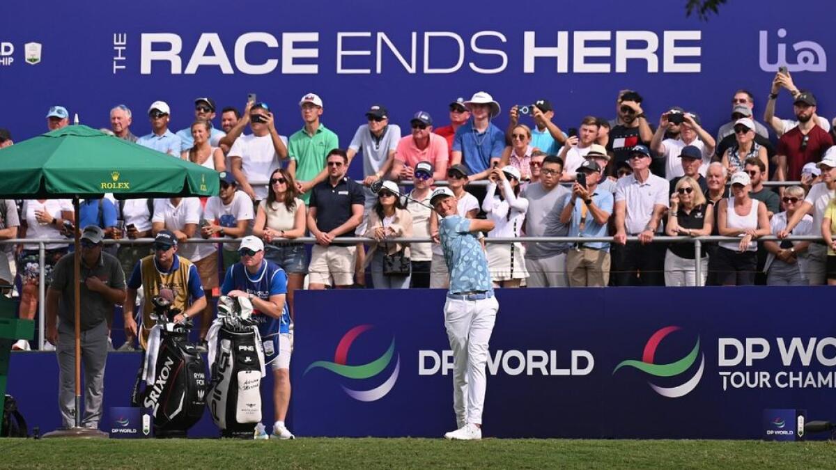 Dubai based Adrian Meronk,teeing off on hole one and one shot back in tied fourth after round one of the DP World Tour Championship.- Supplied photo