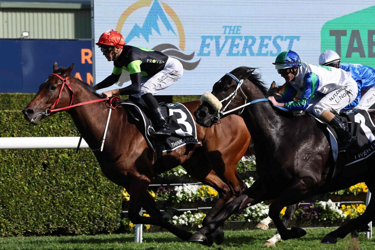 Australian sprinter Think About It, ridden by Sam Clipperton crosses the line first in the world's richest turf race, The Everest, in Sydney on October 14, 2023. - AFP