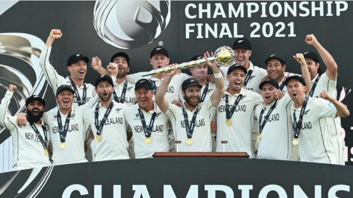 New Zealand players celebrate at the presentation ceremony after winning the WTC final. (ICC Twitter)
