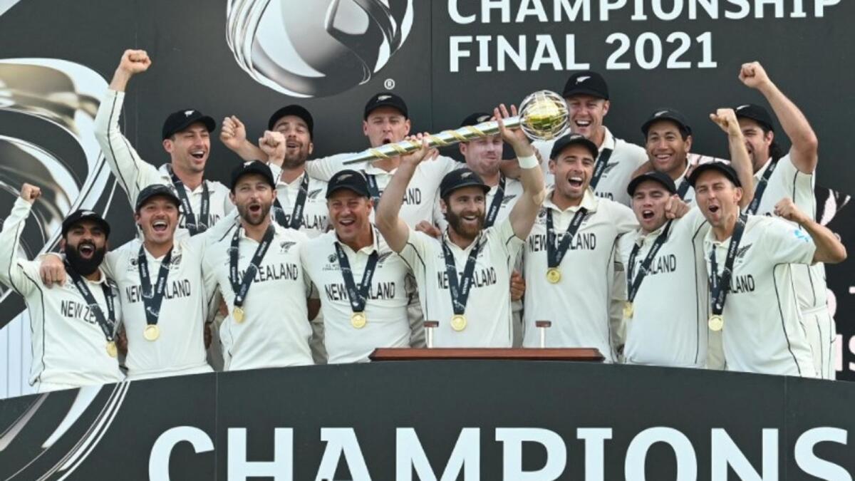 New Zealand players celebrate at the presentation ceremony after winning the WTC final. (ICC Twitter)