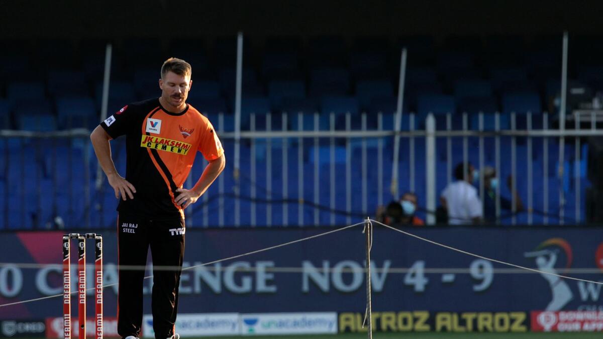 David Warner of Sunrisers Hyderabad during match 56 of season 13 of the Indian Premier League (IPL ) between the Sunrisers Hyderabad and the Mumbai Indians  held at the Sharjah Cricket Stadium, Sharjah in the United Arab Emirates on the 3rd November 2020.  Photo by: Rahul Gulati  / Sportzpics for BCCI
