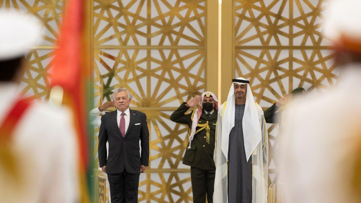 Sheikh Mohamed bin Zayed Al Nahyan and King Abdullah II of Jordan in Abu Dhabi on Friday. — Wam