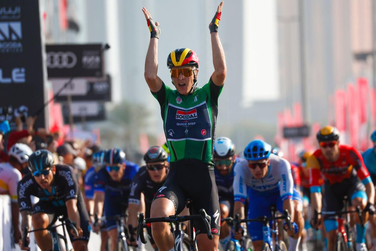 Tim Merlier celebrates after winning the sixth stage on Saturday. — Supplied photo
