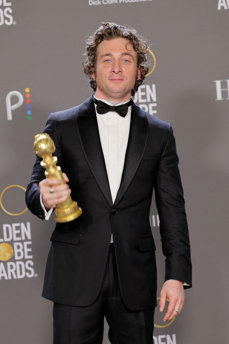 Jeremy Allen White poses with the Best Actor in a Television Series – Musical or Comedy award for 'The Bear'