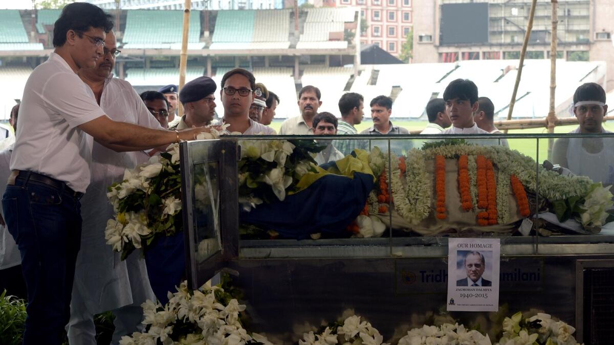 Former Indian captain Sourav Ganguly pays last respects to Jagmohan Dalmiya, the late BCCI president, in Kolkata on Monday. 