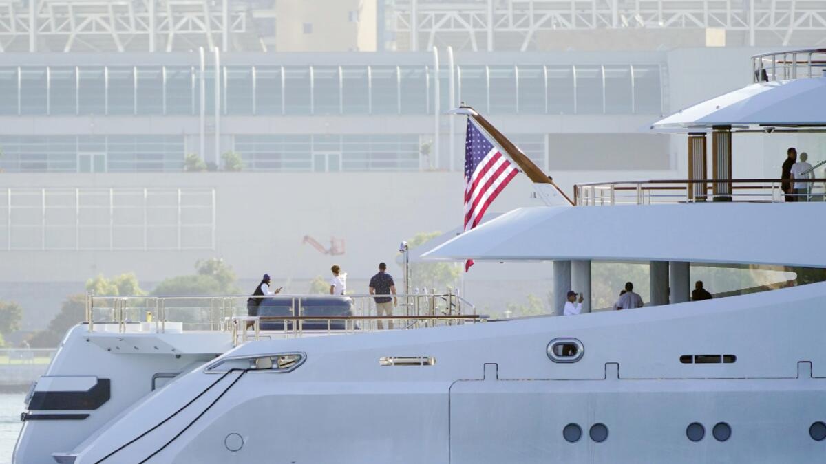 The $325 million superyacht Amadea seized by the US from a sanctioned Russian oligarch arrives in San Diego Bay. –AP