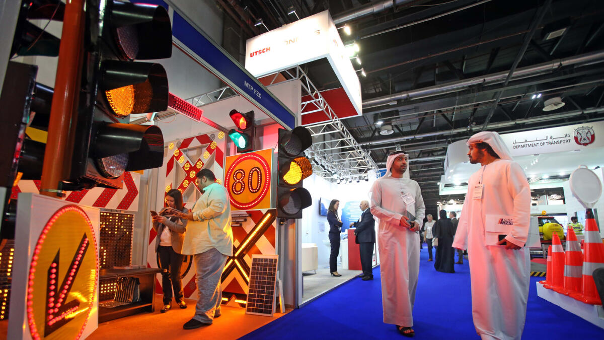 NA071215-DS-GULFTRAFFIC-Traffic lights and road signs on exhibit at the Gulf Traffic 2015 at the Dubai World Trade Centre on Monday, December 7, 2015. Photo by Dhes Handumon