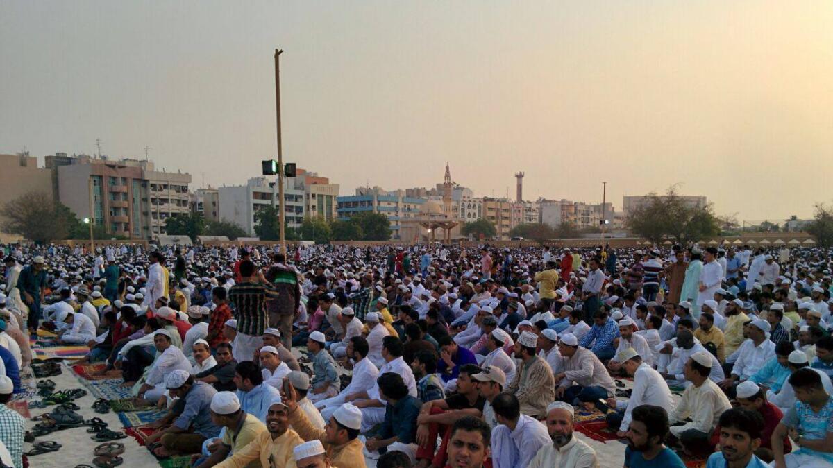 People gather to offer Eid prayers outside Musalah Mosque in Deira, Dubai. Photos by Neeraj Murali / Khaleej Times ?.