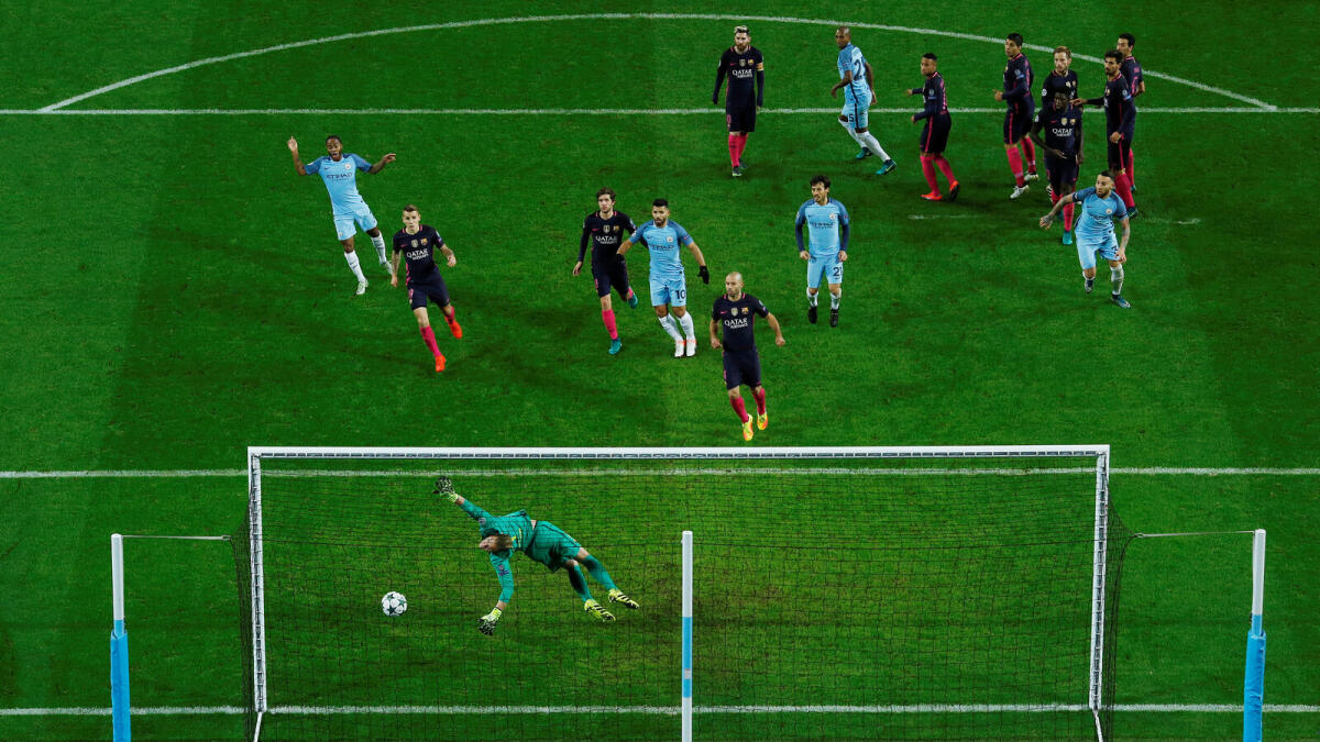 Manchester City's Kevin De Bruyne (not pictured) scores their second goal from a free kick.  Reuters