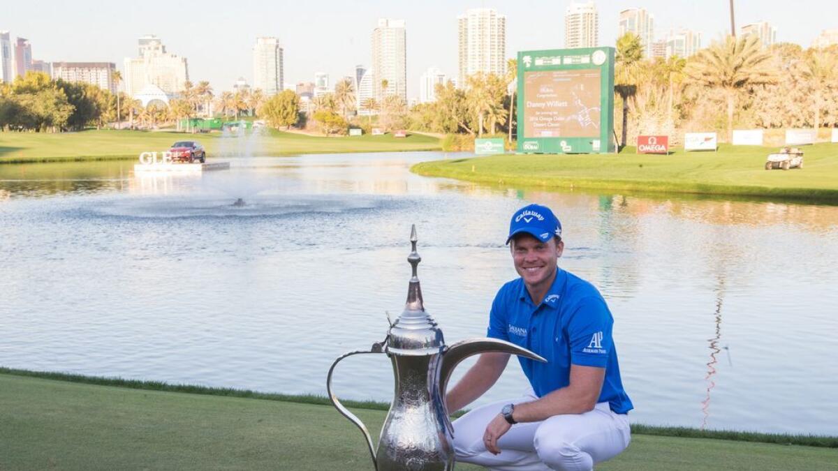 Omega Dubai Desert Classic winner Danny Willett with his trophy at the Dubai Desert Classic at the Emirates Golf Club, Dubai on Sunday, 07 February 2016.