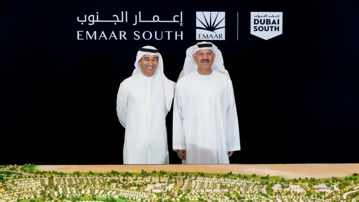 Mohammed Alabbar and Khalifa Al Zaffin announce Emaar South, Emaar’s golf course community spannng seven square kilometres in Dubai South, on Monday.